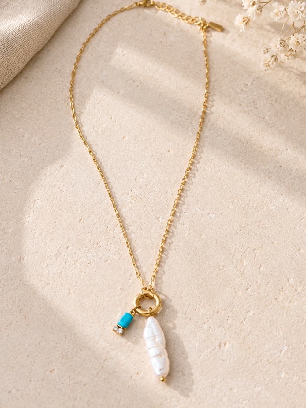 New Medina Gold Plated Shell Pearl Pendant Necklace with Turquoise Accent